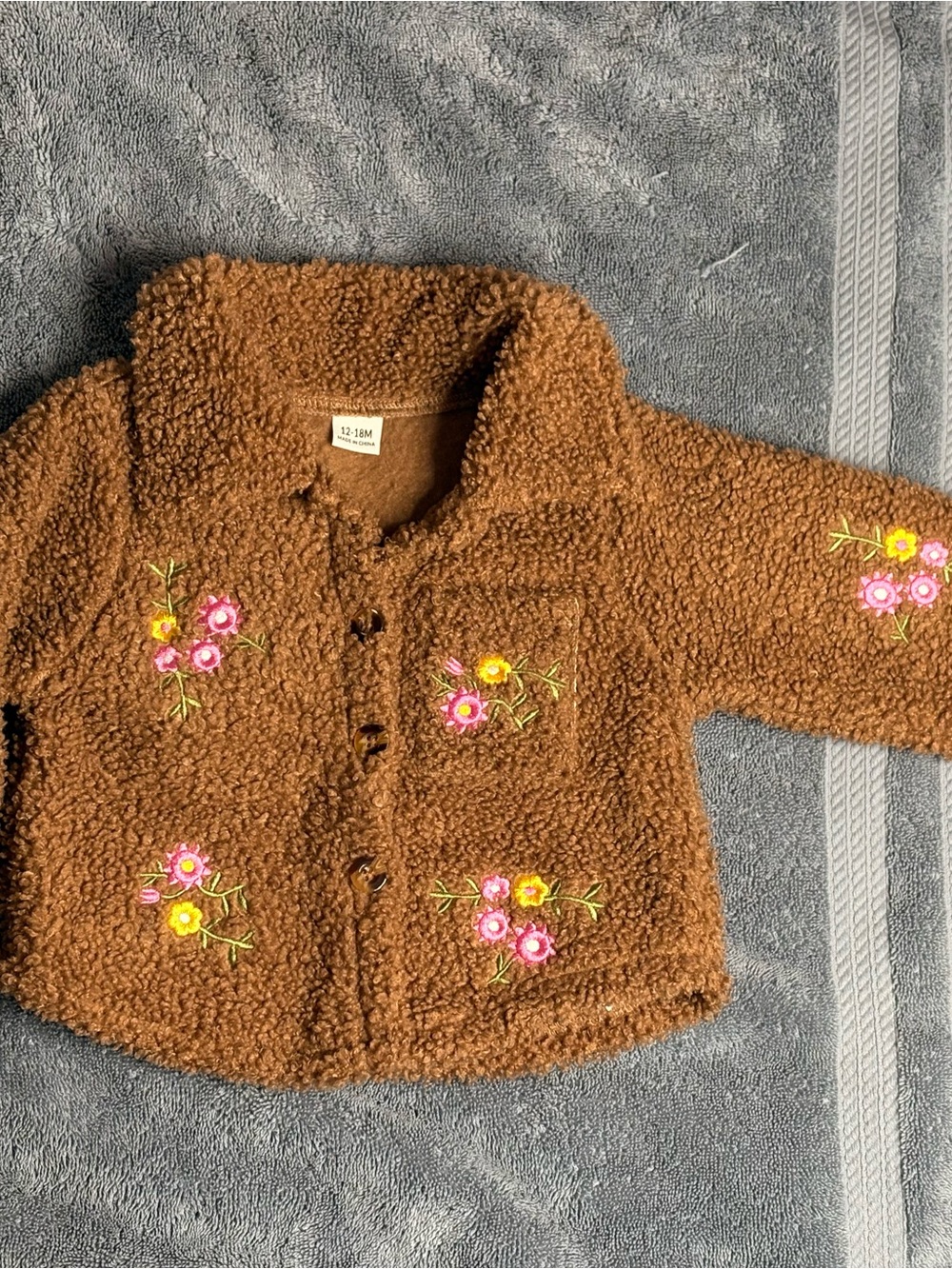 SHEIN Brown Teddy Puffer Jacket with Pink & Yellow Floral Embroidery